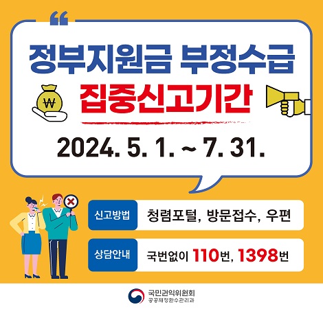 정부지원금 부정수급 집중신고기간 2024.5.1. ~ 7.31.